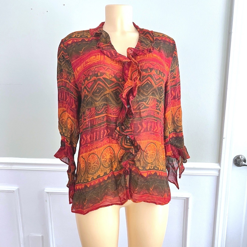Chicos Blouse Womens Sz 1 M Ruffle Front Sheer Tribal Red Orange Whimsigoth